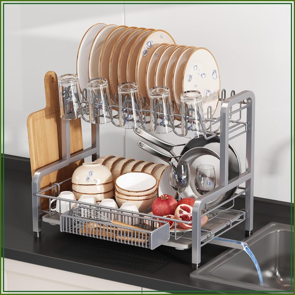Kitchen Utensil Holder - 2 Tier Dish Drying Rack for